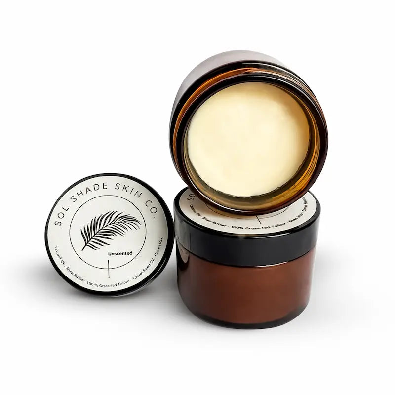 Brown jar of cream with Sol Shade Skin Co lid on a white background