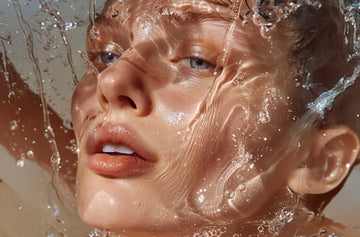 Close-up of a person's face with water droplets, possibly after a shower or bath.