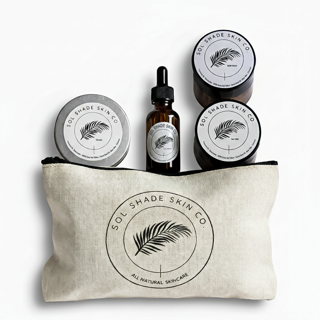 Set of Sol Shade Skin Co skincare products including jars, a bottle, and a pouch on a white background.