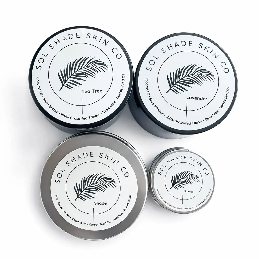 Four tins of Sol Shade Skin Co products on a white background